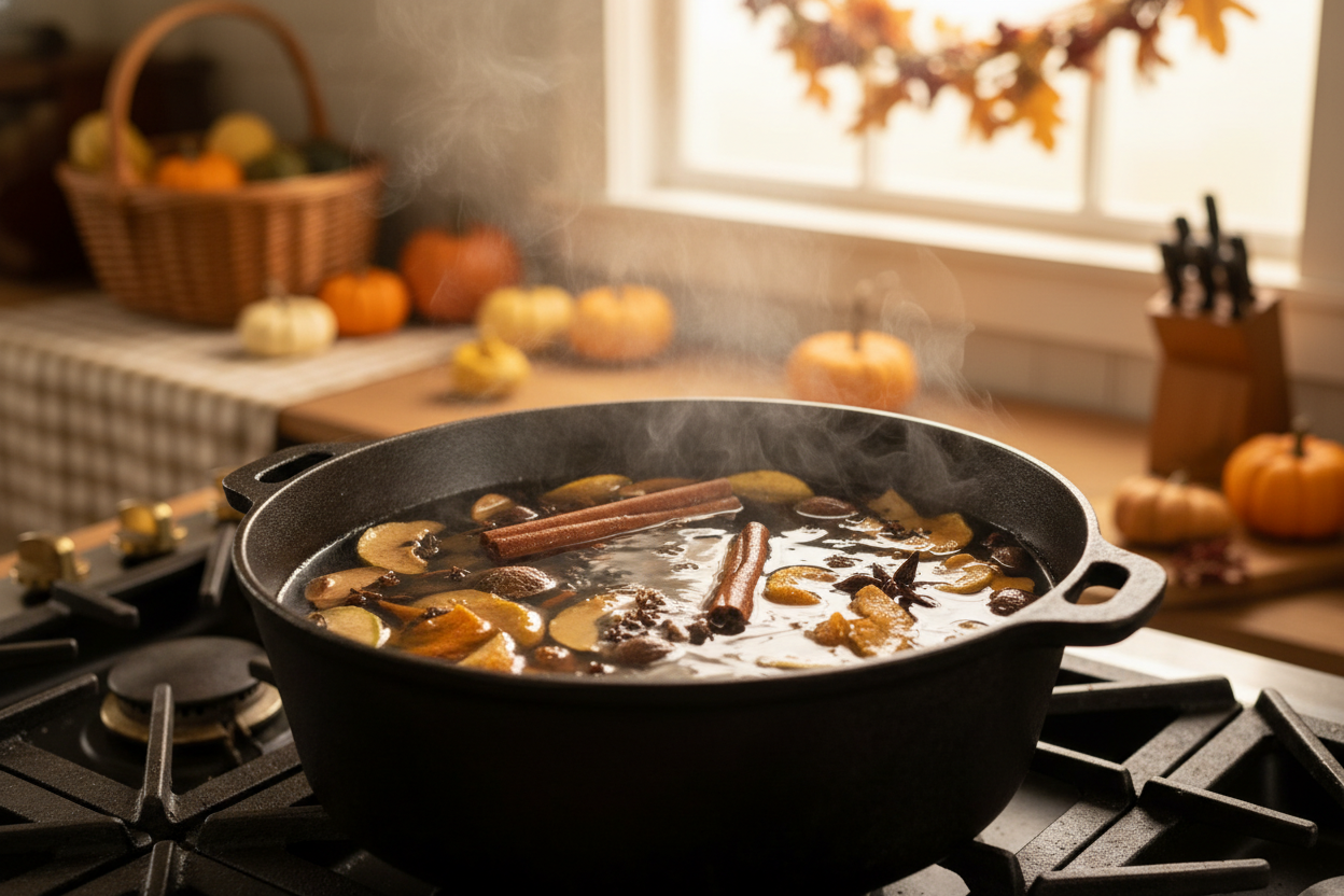 Harvest spice simmer pot with Ingredients: Dried apple slices, cinnamon sticks, whole cloves, nutmeg pieces or powder, dried orange peel.
Instructions: Simmer in 3–4 cups of water. Perfect for cozy evenings — smells like baked pie.